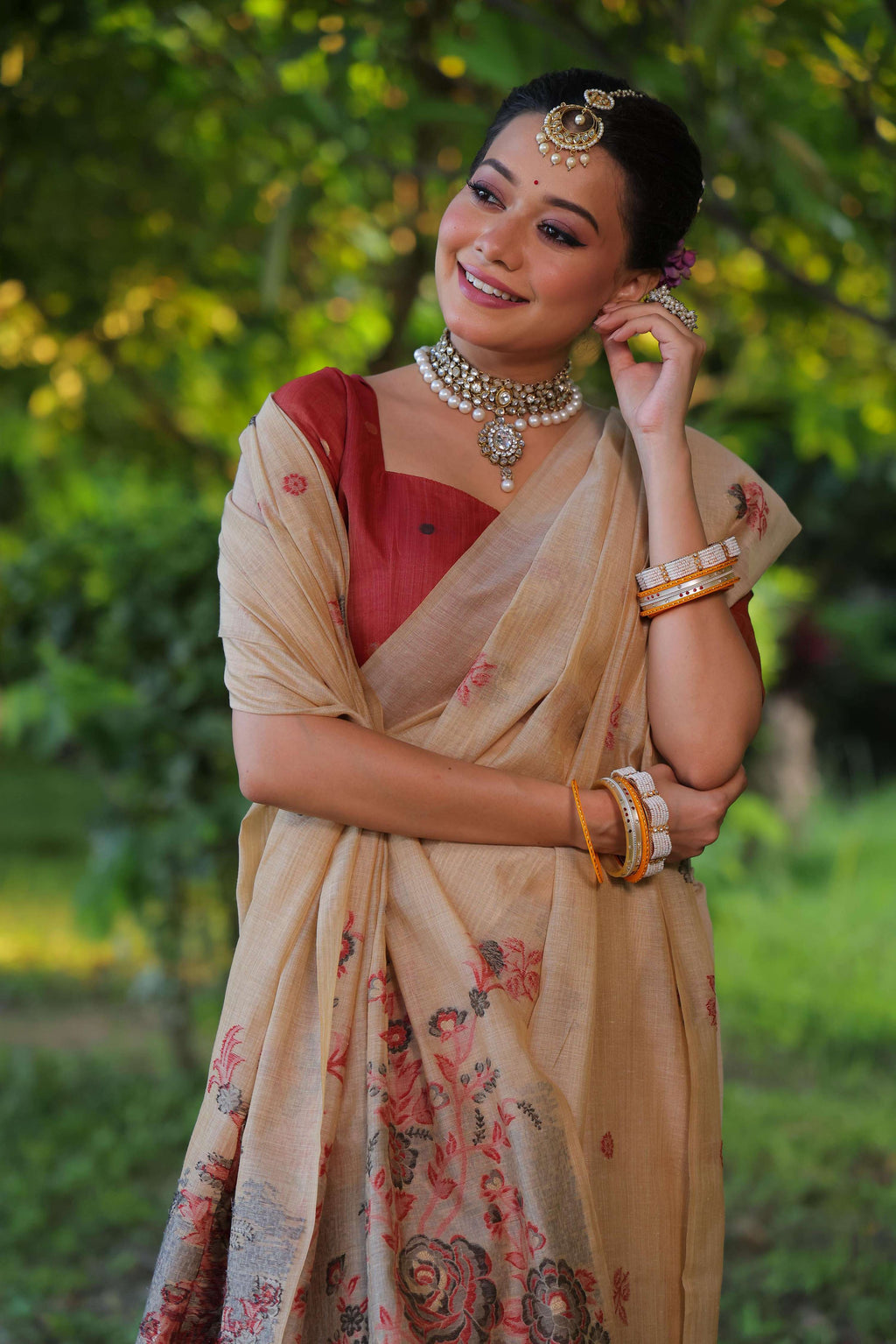Jyoti Fashion Women's Beige Soft Muga Cotton Floral Weaving Traditional Saree with Blouse | Grocsy