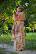 Jyoti Fashion Women's Beige Soft Muga Cotton Floral Weaving Traditional Saree with Blouse | Grocsy