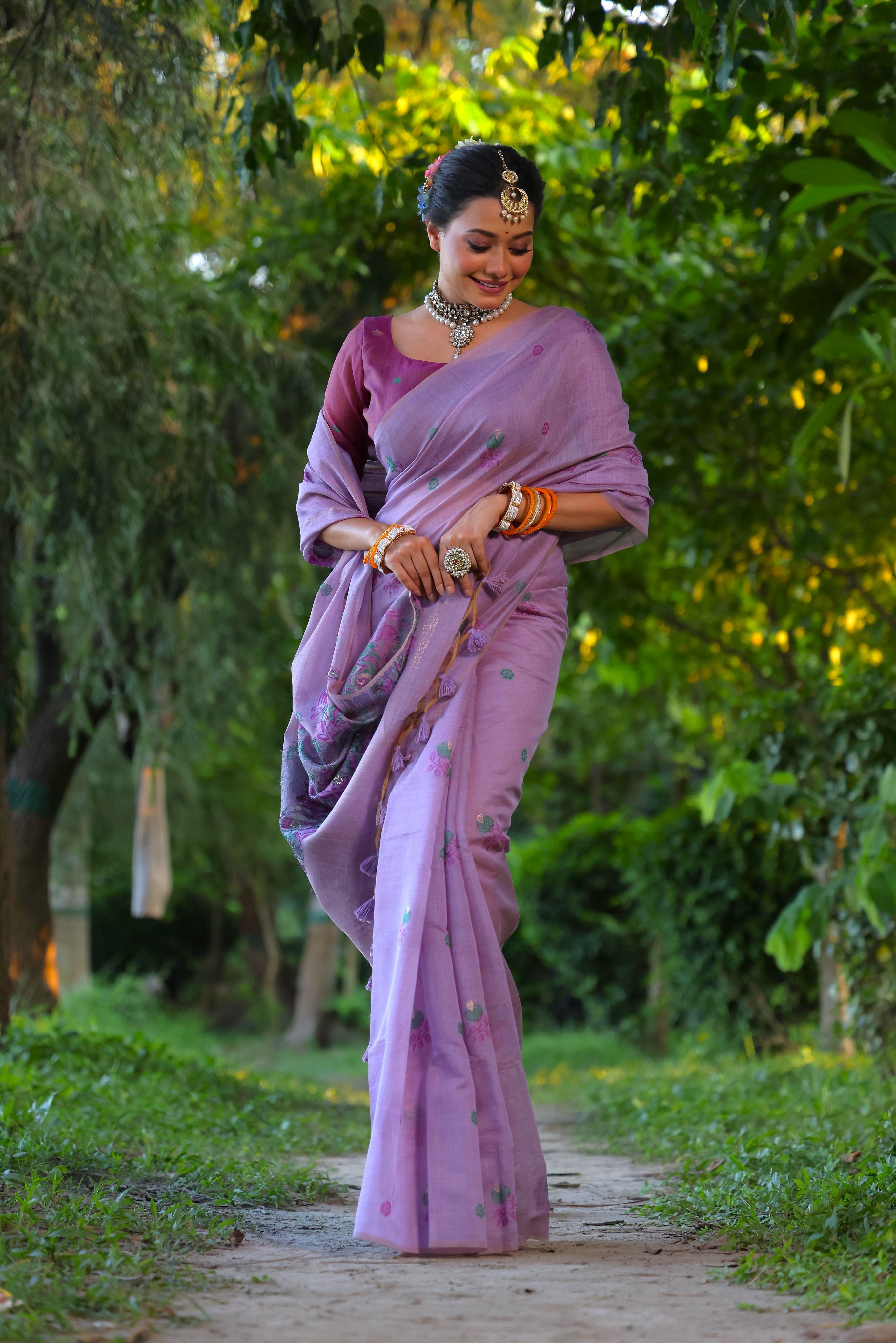 Jyoti Fashion Women's Purple Soft Muga Cotton Floral Weaving Traditional Saree with Blouse | Grocsy
