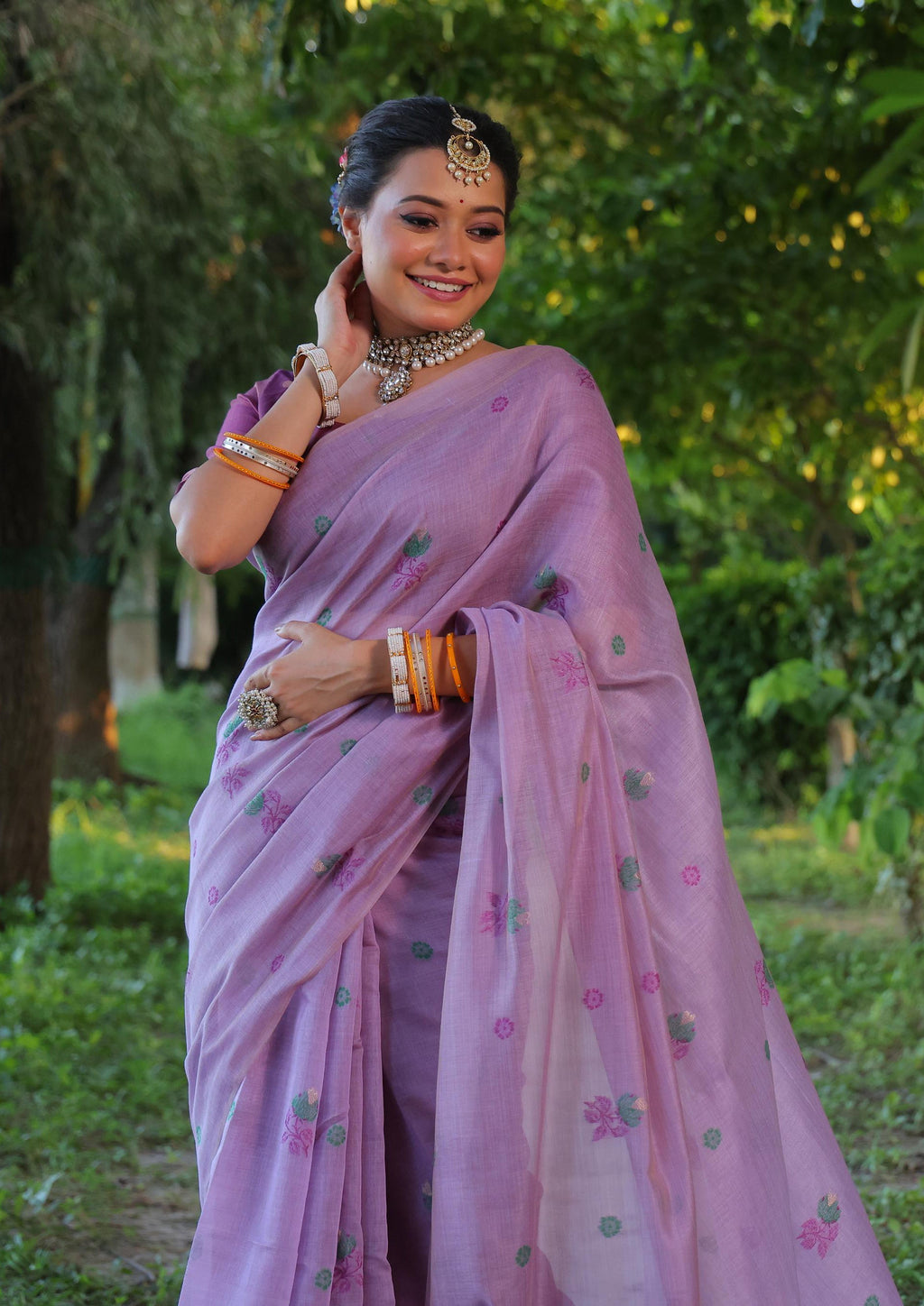Jyoti Fashion Women's Purple Soft Muga Cotton Floral Weaving Traditional Saree with Blouse | Grocsy