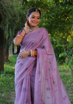 Jyoti Fashion Women's Purple Soft Muga Cotton Floral Weaving Traditional Saree with Blouse | Grocsy