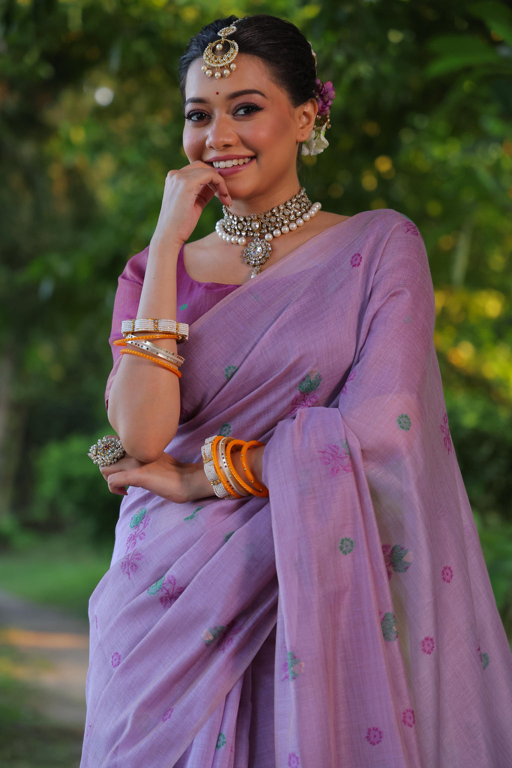 Jyoti Fashion Women's Purple Soft Muga Cotton Floral Weaving Traditional Saree with Blouse | Grocsy