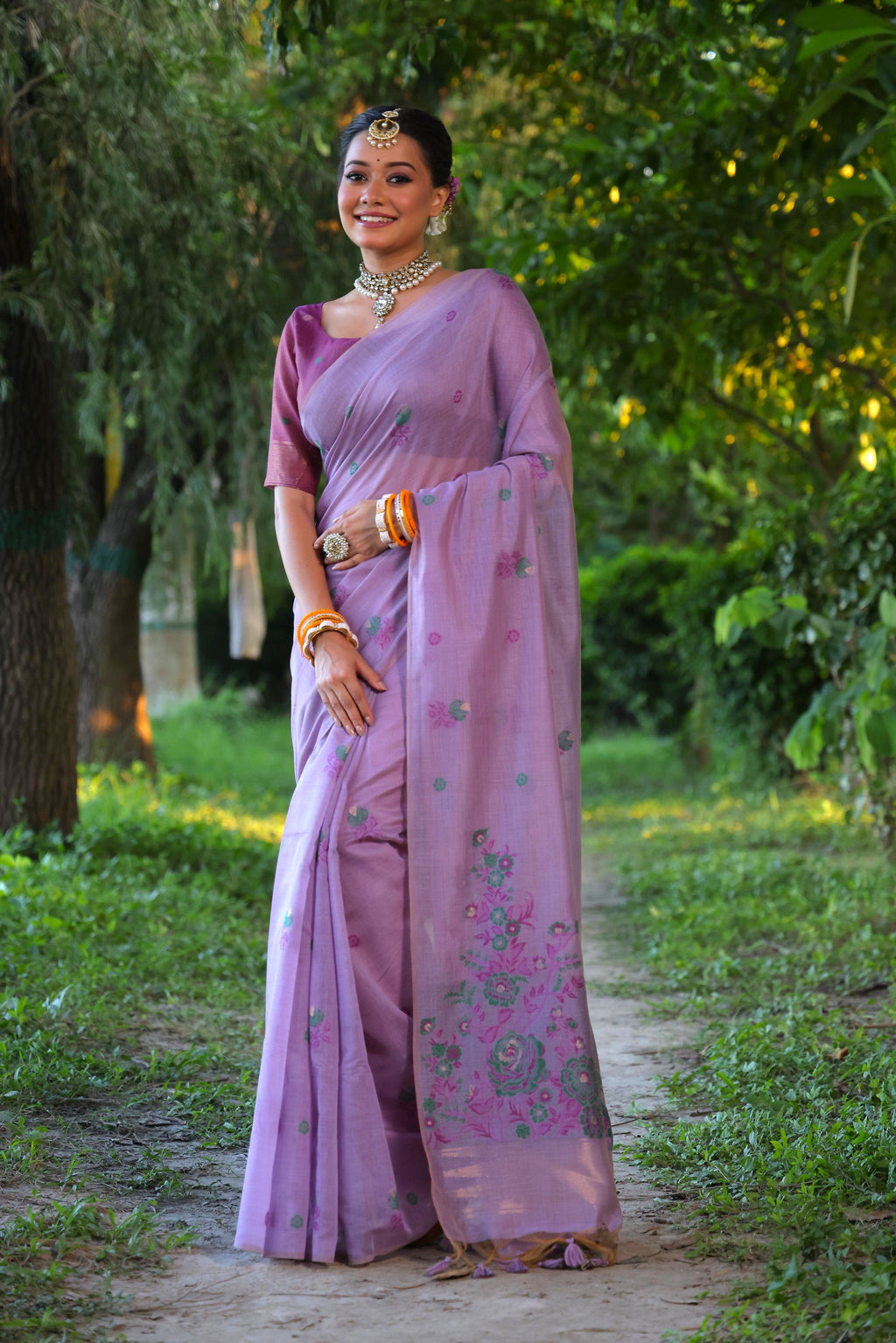 Jyoti Fashion Women's Purple Soft Muga Cotton Floral Weaving Traditional Saree with Blouse | Grocsy