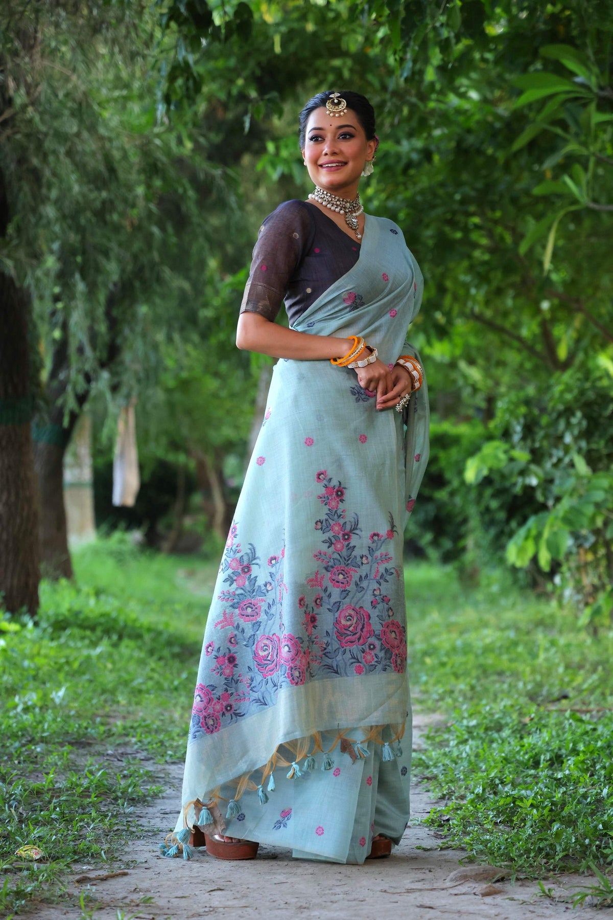 Jyoti Fashion Women's Sky Blue Soft Muga Cotton Floral Weaving Traditional Saree with Blouse | Grocsy