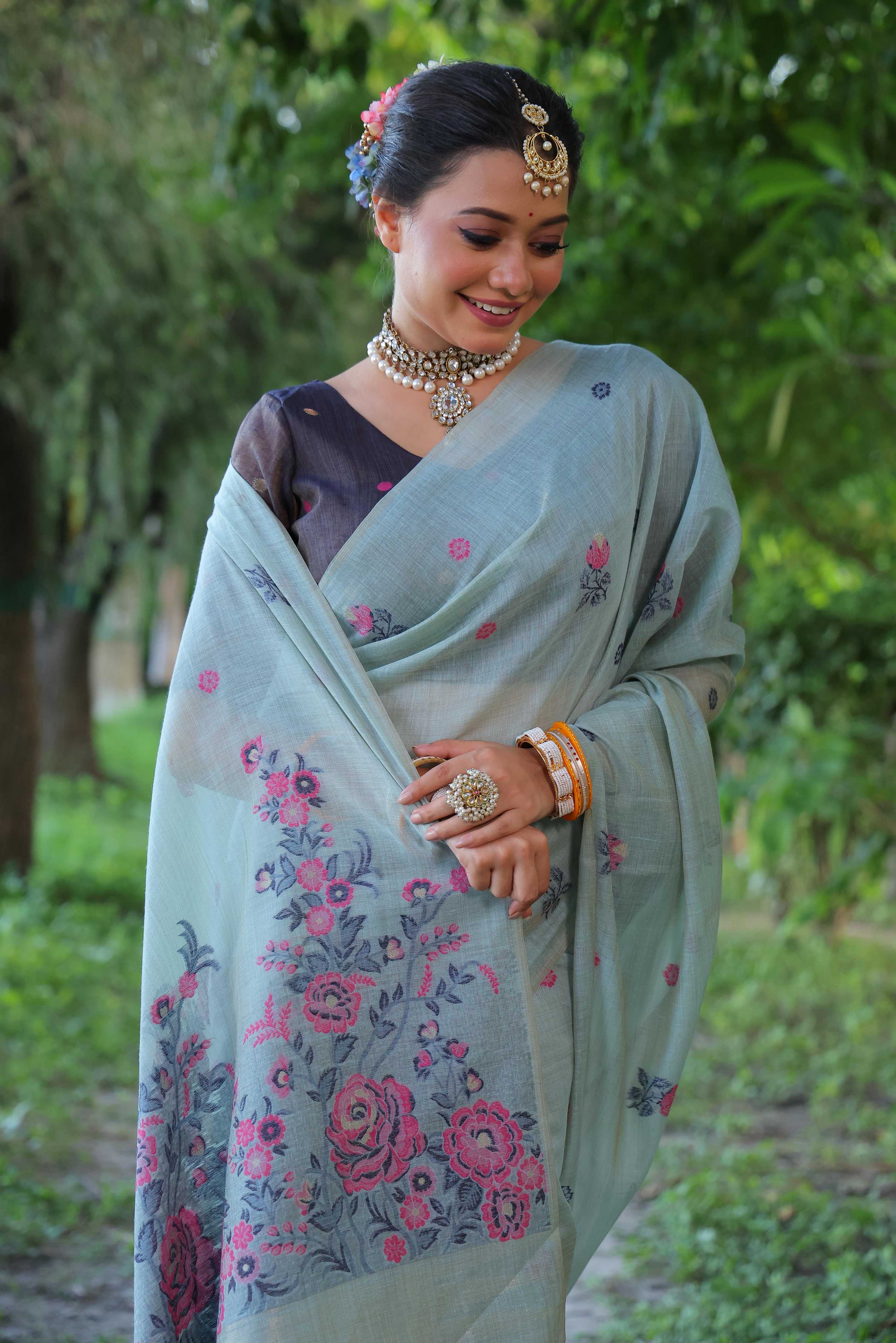 Jyoti Fashion Women's Sky Blue Soft Muga Cotton Floral Weaving Traditional Saree with Blouse | Grocsy