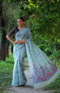 Jyoti Fashion Women's Sky Blue Soft Muga Cotton Floral Weaving Traditional Saree with Blouse | Grocsy