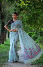 Jyoti Fashion Women's Sky Blue Soft Muga Cotton Floral Weaving Traditional Saree with Blouse | Grocsy
