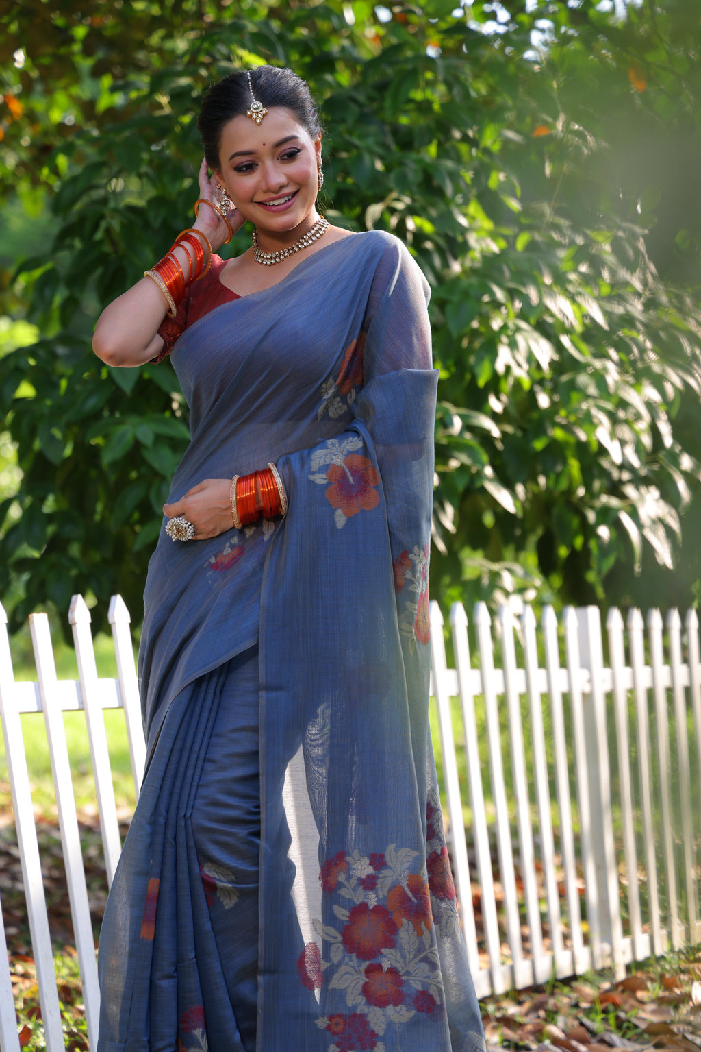 Jyoti Fashion Women's Blue Soft Muga Cotton Resham Jamdani Weaving Traditional Saree with Blouse | Grocsy