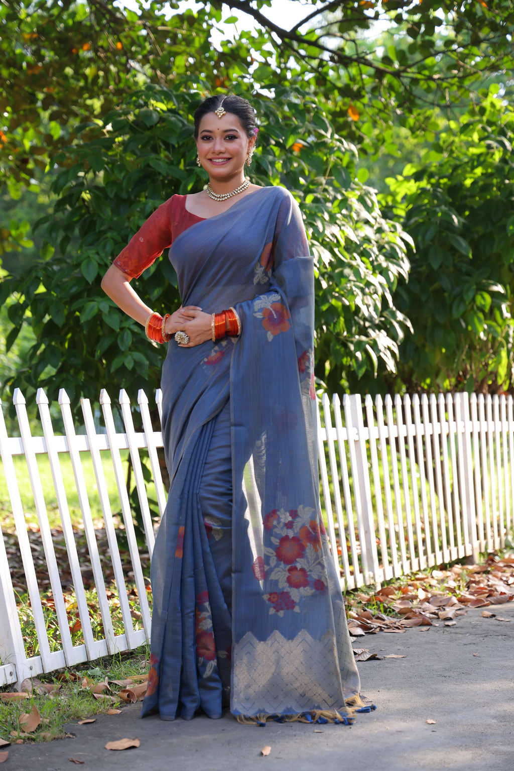 Jyoti Fashion Women's Blue Soft Muga Cotton Resham Jamdani Weaving Traditional Saree with Blouse | Grocsy