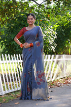 Jyoti Fashion Women's Blue Soft Muga Cotton Resham Jamdani Weaving Traditional Saree with Blouse | Grocsy
