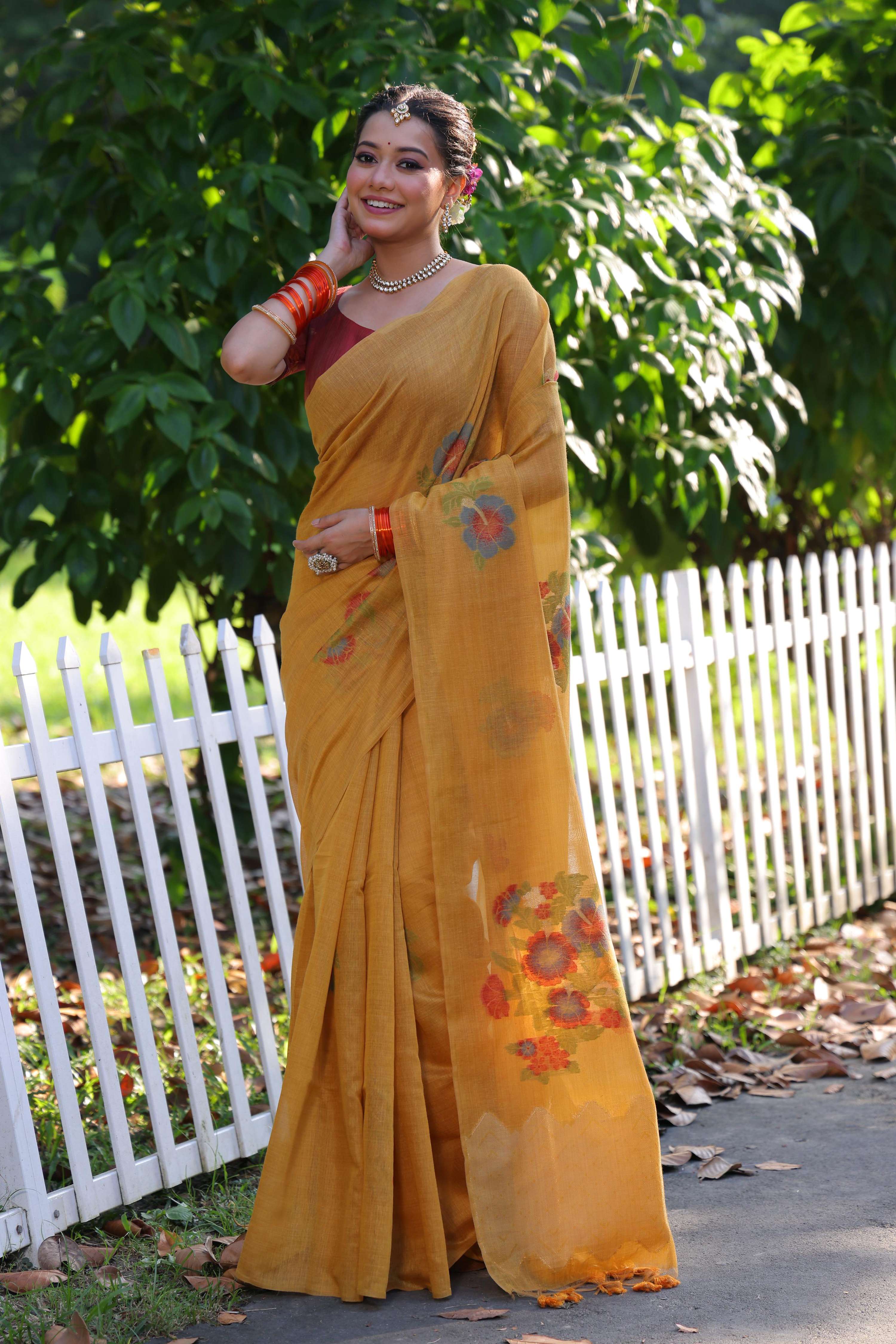 Jyoti Fashion Women's Mustard Soft Muga Cotton Resham Jamdani Weaving Traditional Saree with Blouse | Grocsy