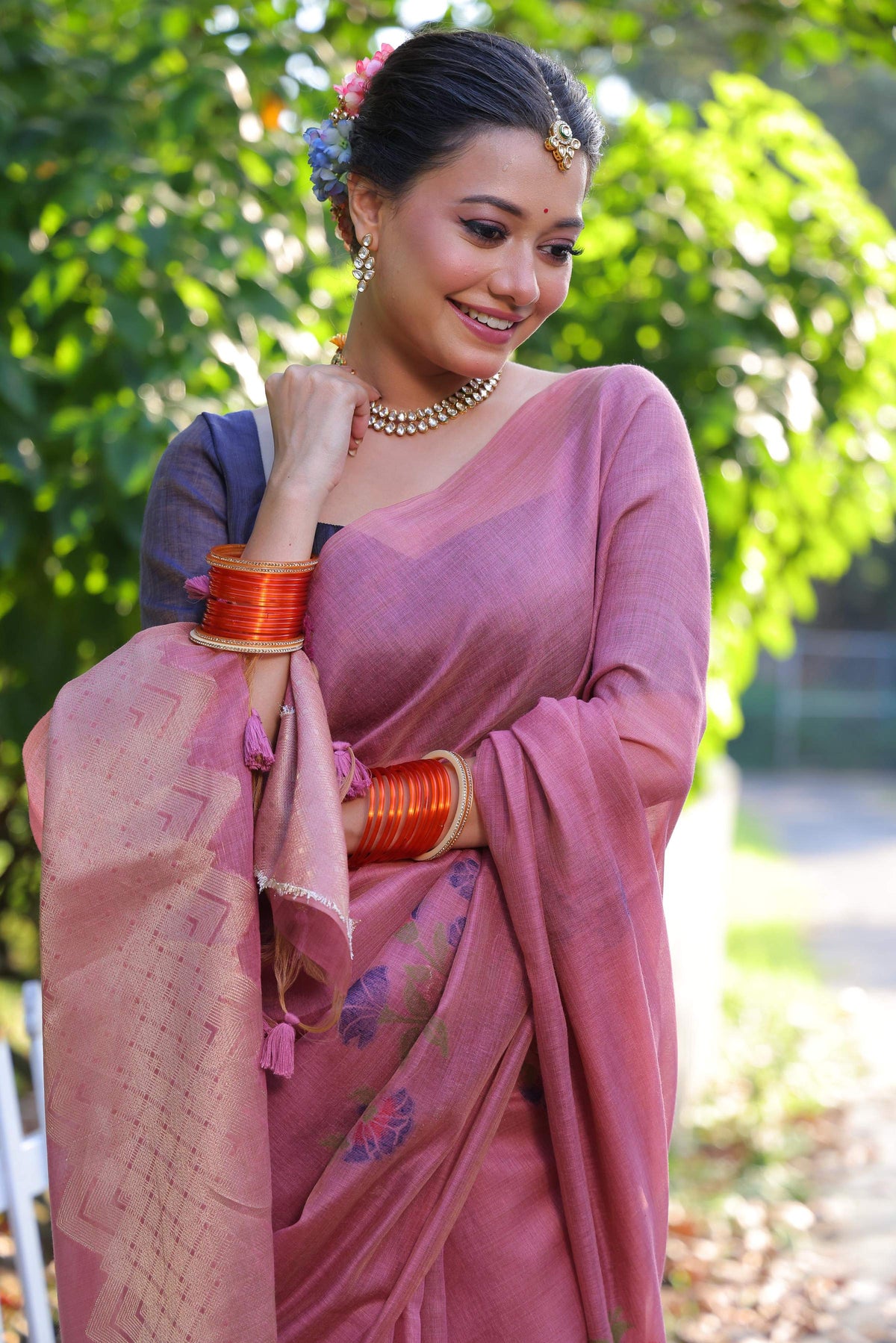 Jyoti Fashion Women's Pink Soft Muga Cotton Resham Jamdani Weaving Traditional Saree with Blouse | Grocsy