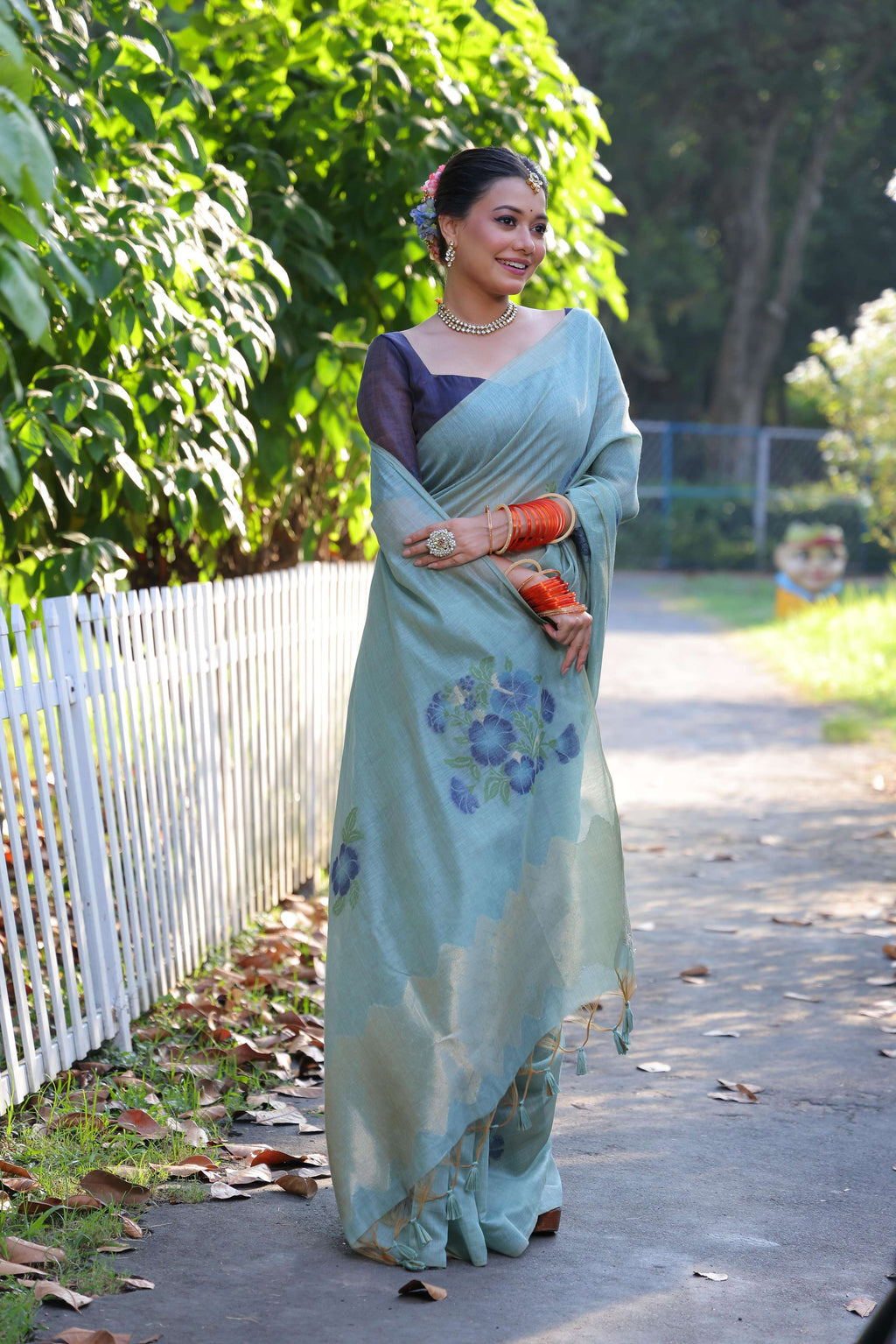 Jyoti Fashion Women's Sky Blue Soft Muga Cotton Resham Jamdani Weaving Traditional Saree with Blouse | Grocsy
