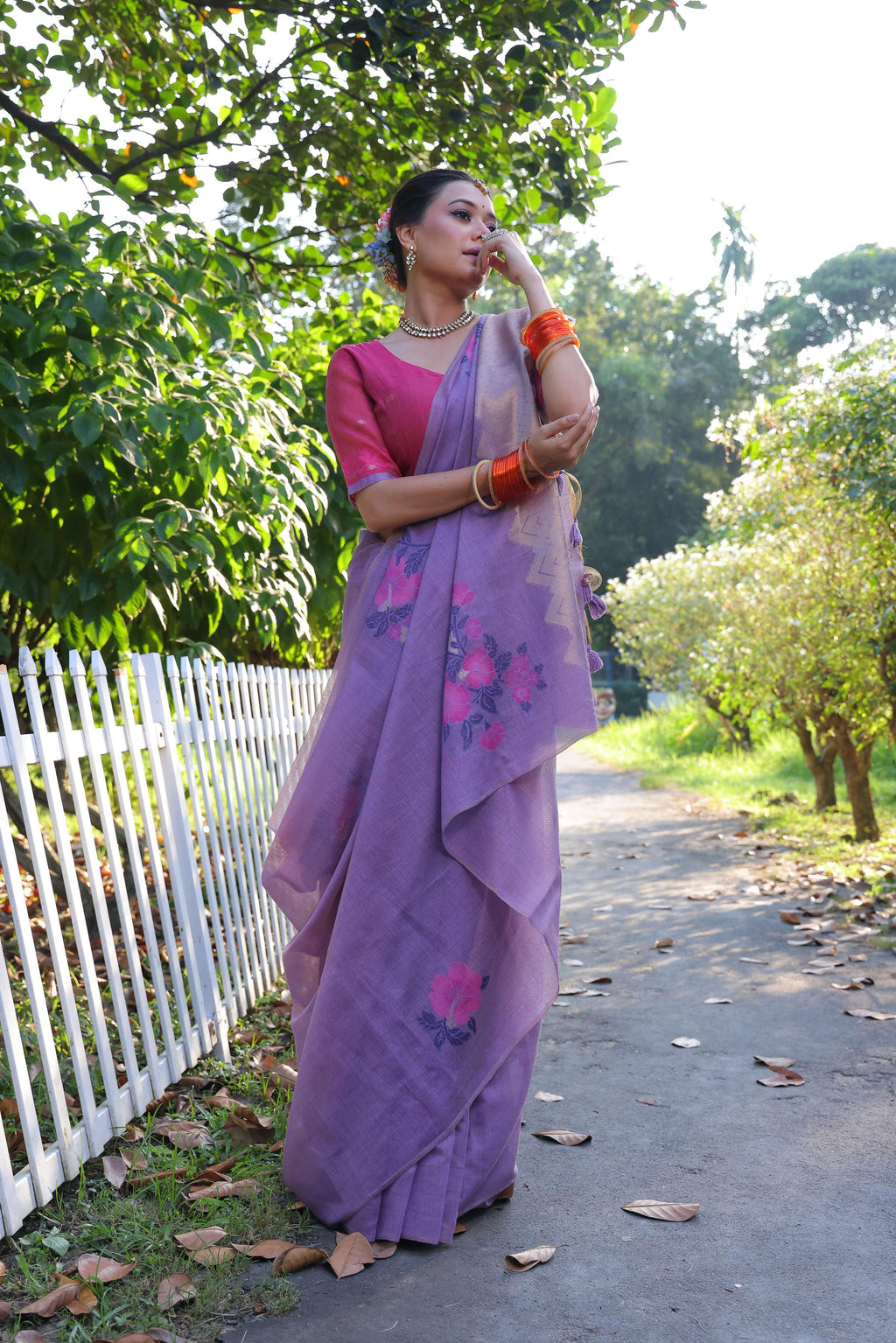 Jyoti Fashion Women's Purple Soft Muga Cotton Resham Jamdani Weaving Traditional Saree with Blouse | Grocsy