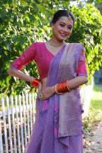 Jyoti Fashion Women's Purple Soft Muga Cotton Resham Jamdani Weaving Traditional Saree with Blouse | Grocsy