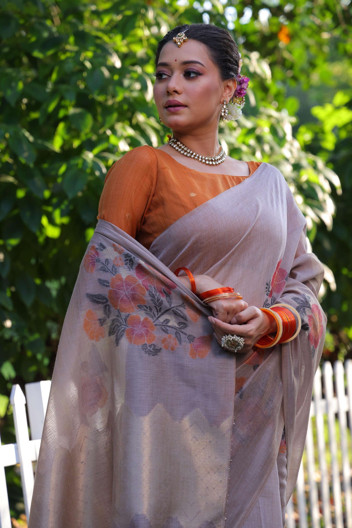 Jyoti Fashion Women's Grey Soft Muga Cotton Resham Jamdani Weaving Traditional Saree with Blouse | Grocsy