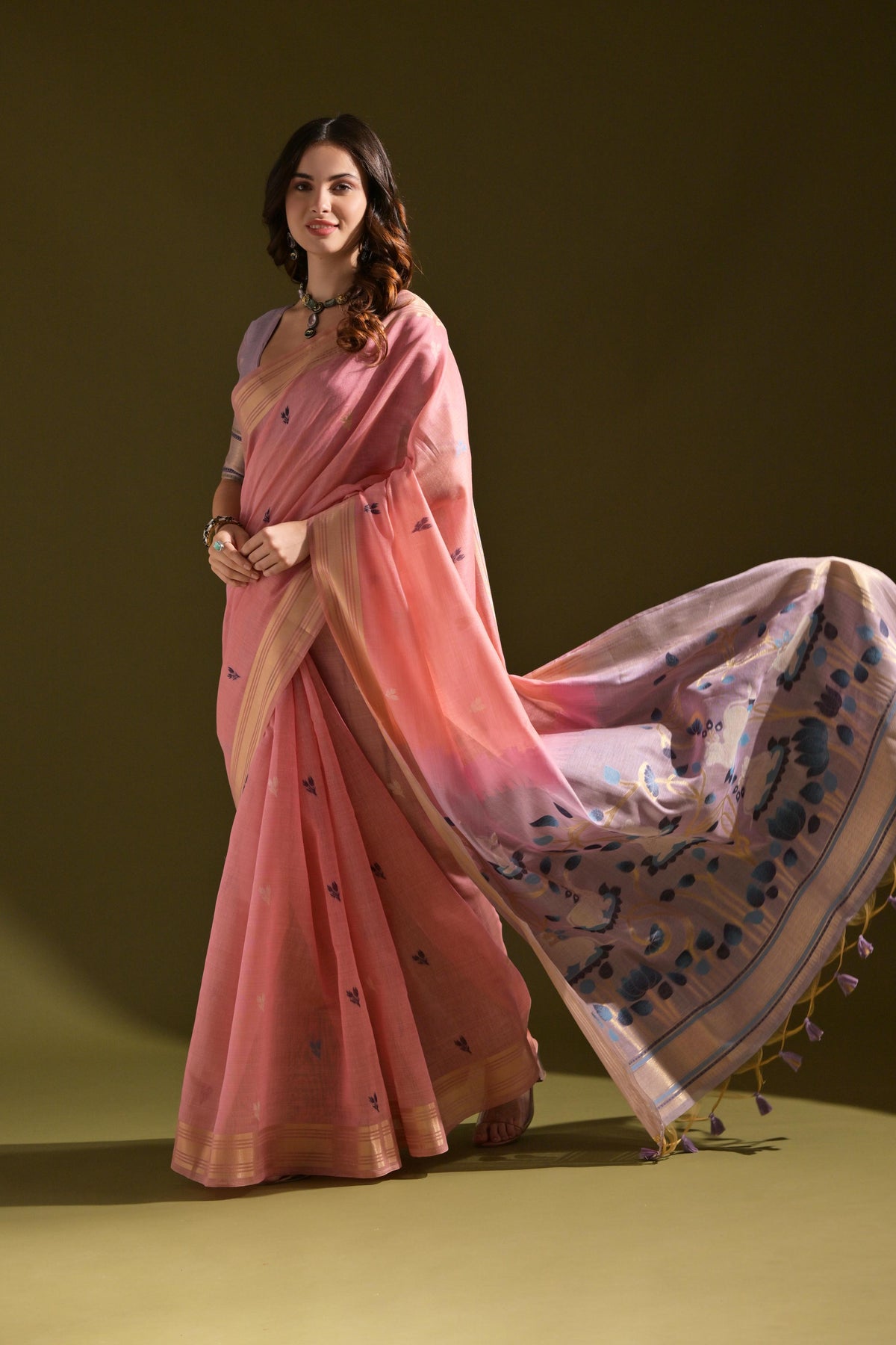 Jyoti Fashion Women's Baby Pink Soft Muga Cotton Resham Zari Weaving Traditional Saree with Blouse | Grocsy