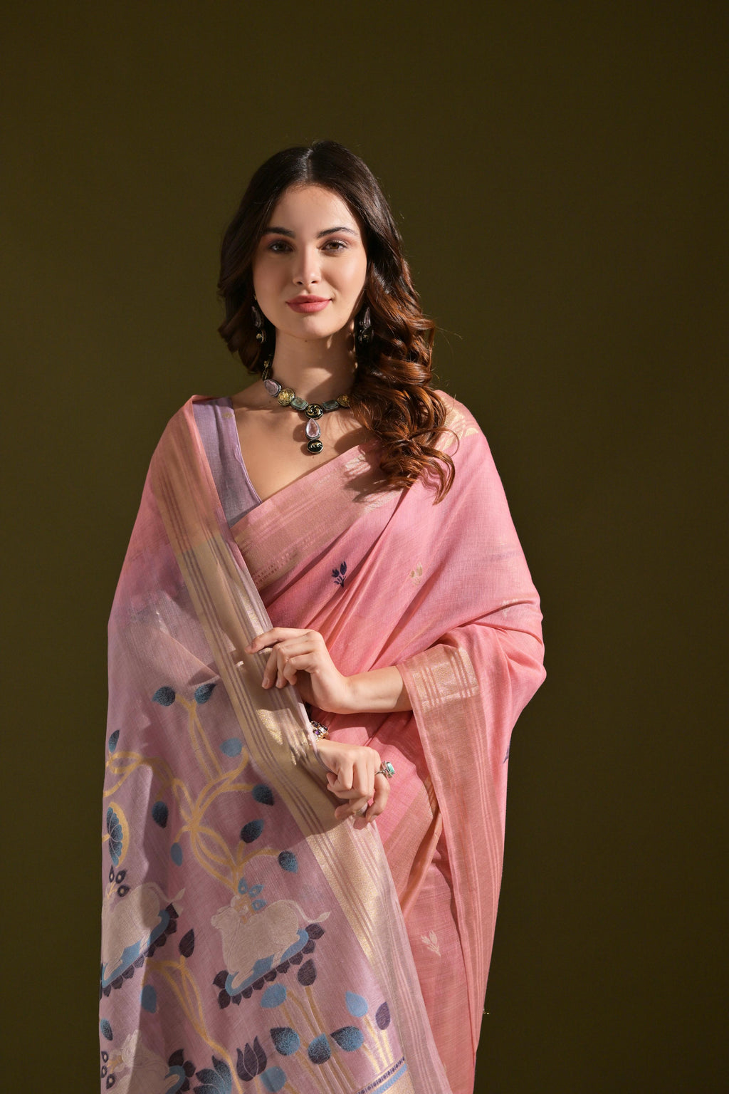 Jyoti Fashion Women's Baby Pink Soft Muga Cotton Resham Zari Weaving Traditional Saree with Blouse | Grocsy