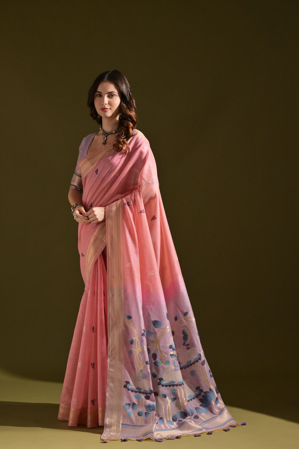Jyoti Fashion Women's Baby Pink Soft Muga Cotton Resham Zari Weaving Traditional Saree with Blouse | Grocsy