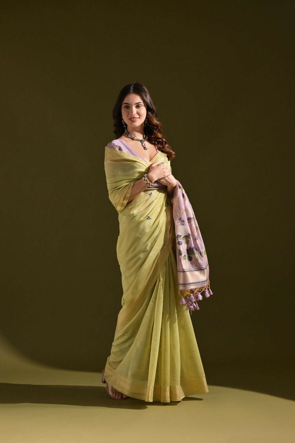 Jyoti Fashion Women's Green Soft Muga Cotton Resham Zari Weaving Traditional Saree with Blouse | Grocsy