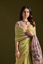 Jyoti Fashion Women's Green Soft Muga Cotton Resham Zari Weaving Traditional Saree with Blouse | Grocsy