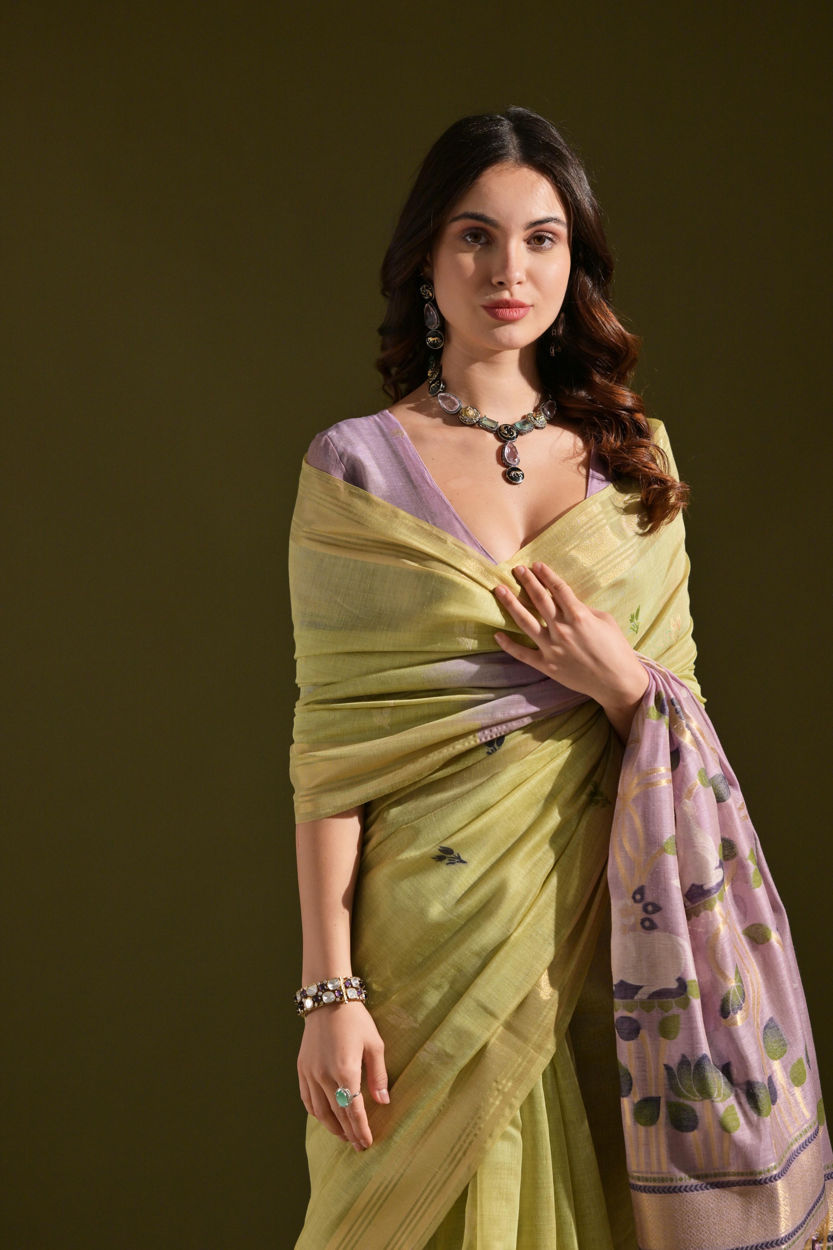 Jyoti Fashion Women's Green Soft Muga Cotton Resham Zari Weaving Traditional Saree with Blouse | Grocsy