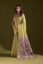 Jyoti Fashion Women's Green Soft Muga Cotton Resham Zari Weaving Traditional Saree with Blouse | Grocsy