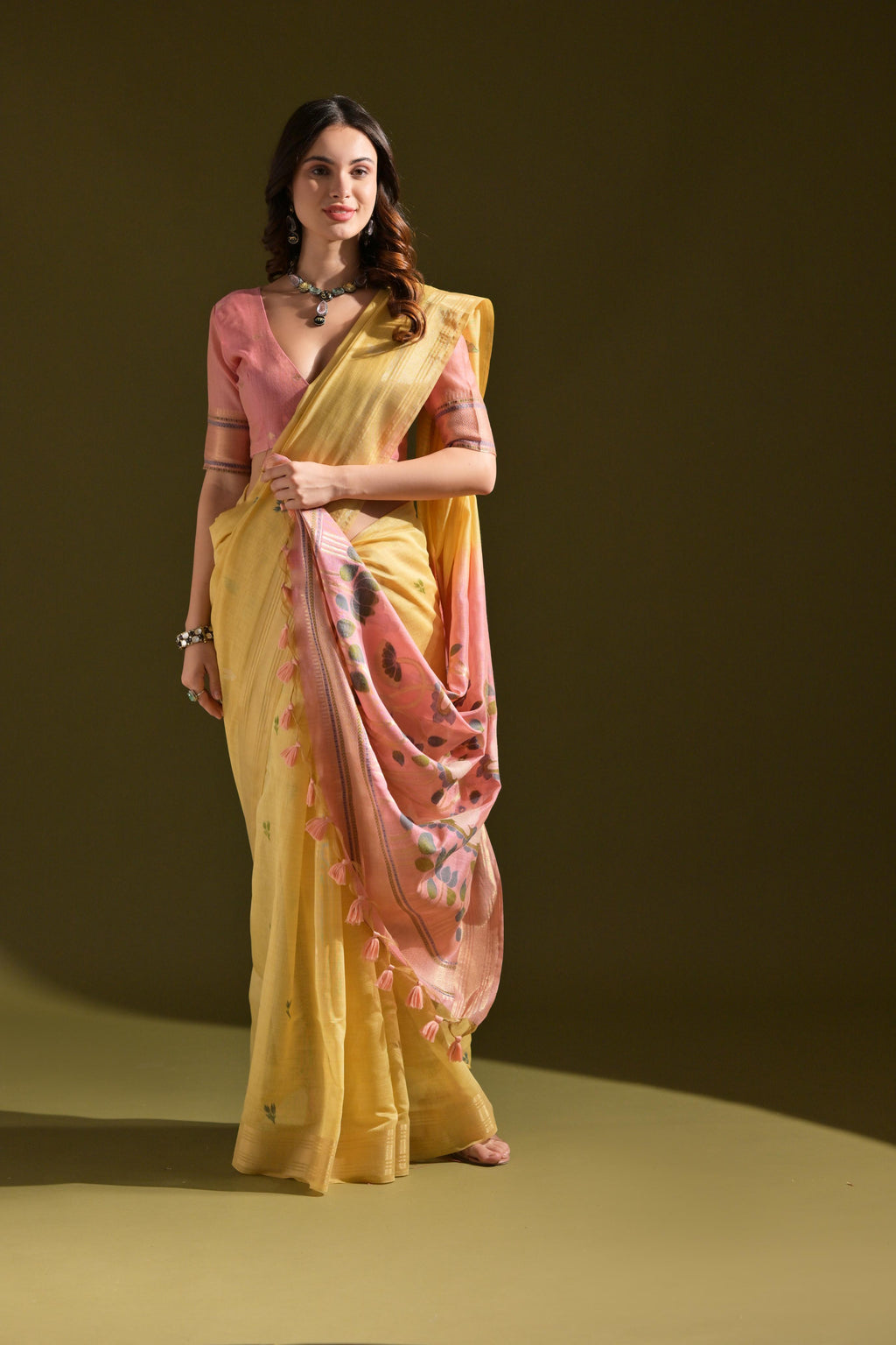 Jyoti Fashion Women's Yellow Soft Muga Cotton Resham Zari Weaving Traditional Saree with Blouse | Grocsy