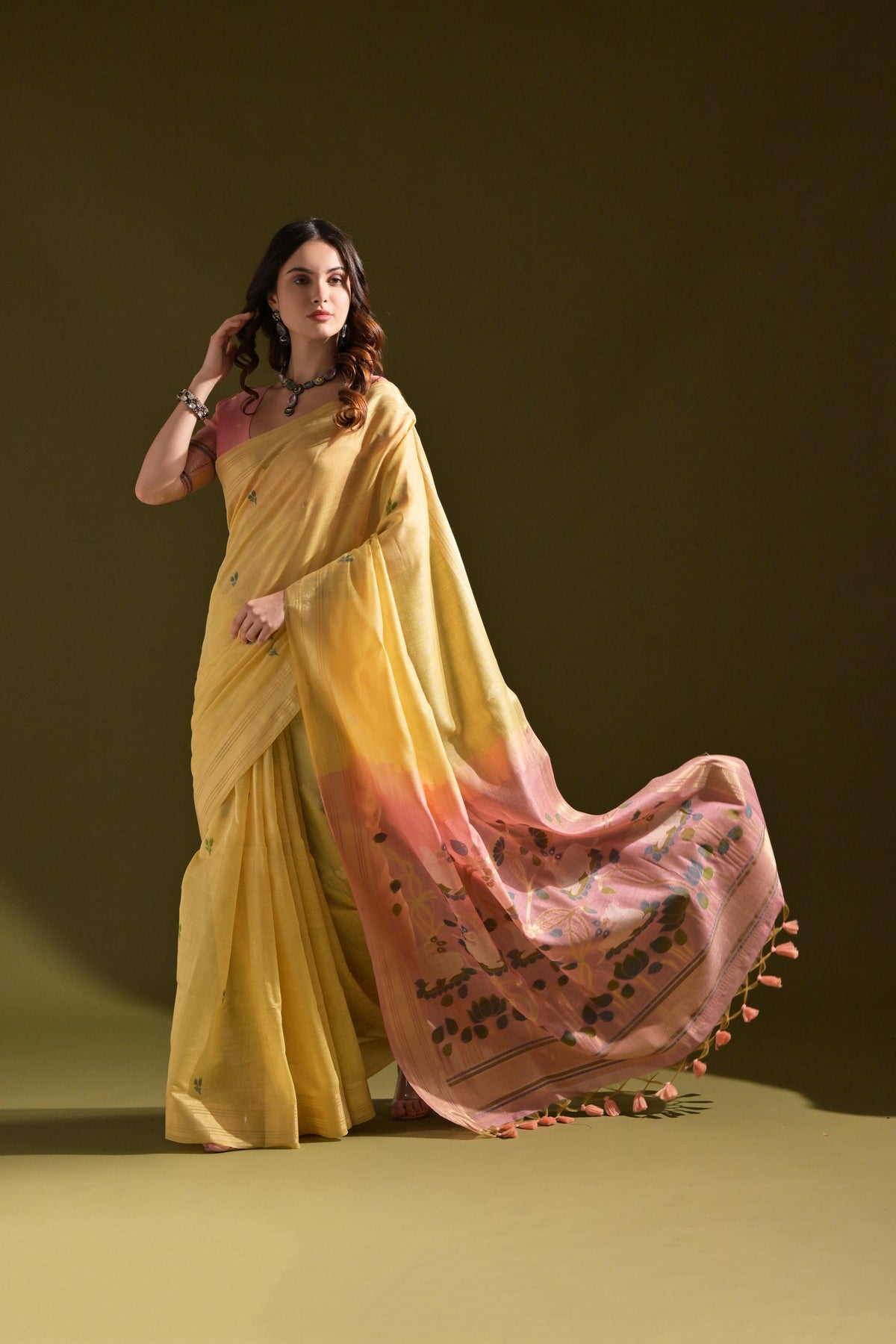 Jyoti Fashion Women's Yellow Soft Muga Cotton Resham Zari Weaving Traditional Saree with Blouse | Grocsy