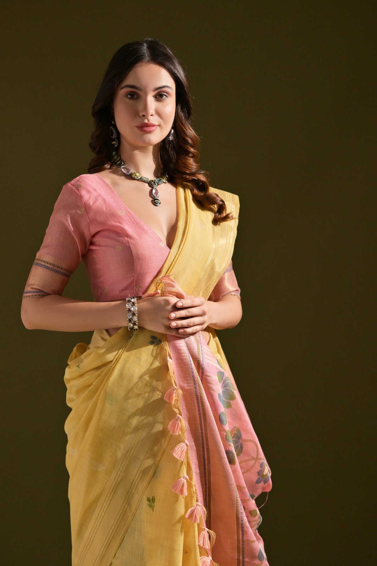 Jyoti Fashion Women's Yellow Soft Muga Cotton Resham Zari Weaving Traditional Saree with Blouse | Grocsy