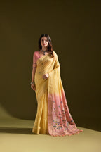 Jyoti Fashion Women's Yellow Soft Muga Cotton Resham Zari Weaving Traditional Saree with Blouse | Grocsy