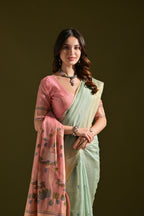 Jyoti Fashion Women's Sky Blue Soft Muga Cotton Resham Zari Weaving Traditional Saree with Blouse | Grocsy