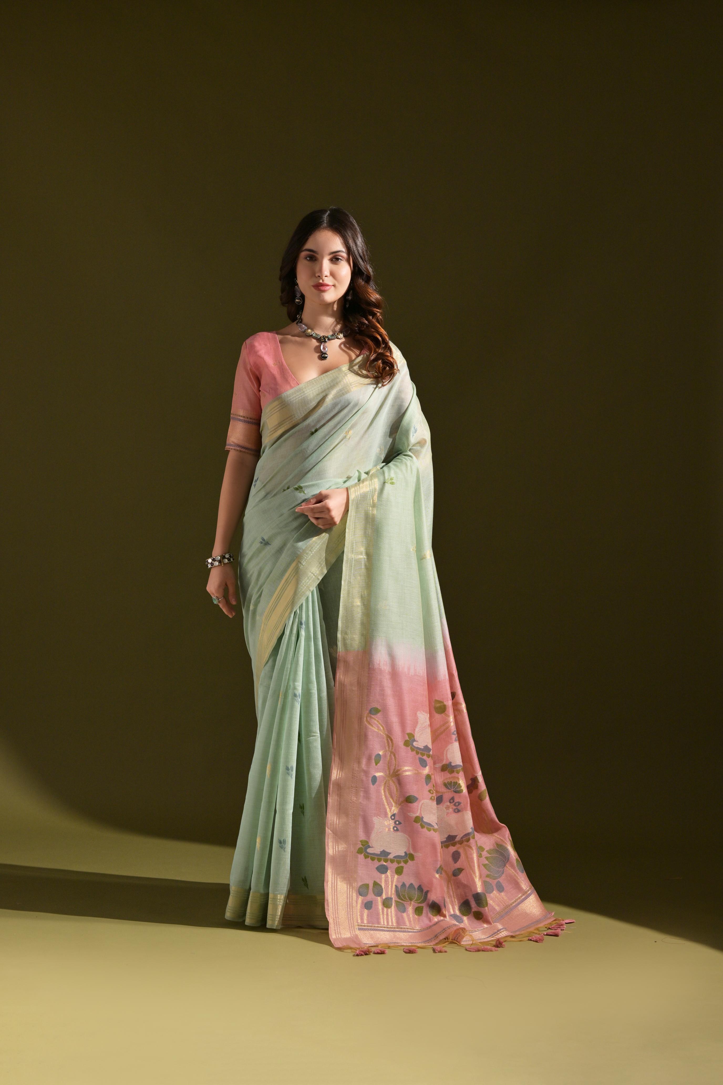 Jyoti Fashion Women's Sky Blue Soft Muga Cotton Resham Zari Weaving Traditional Saree with Blouse | Grocsy