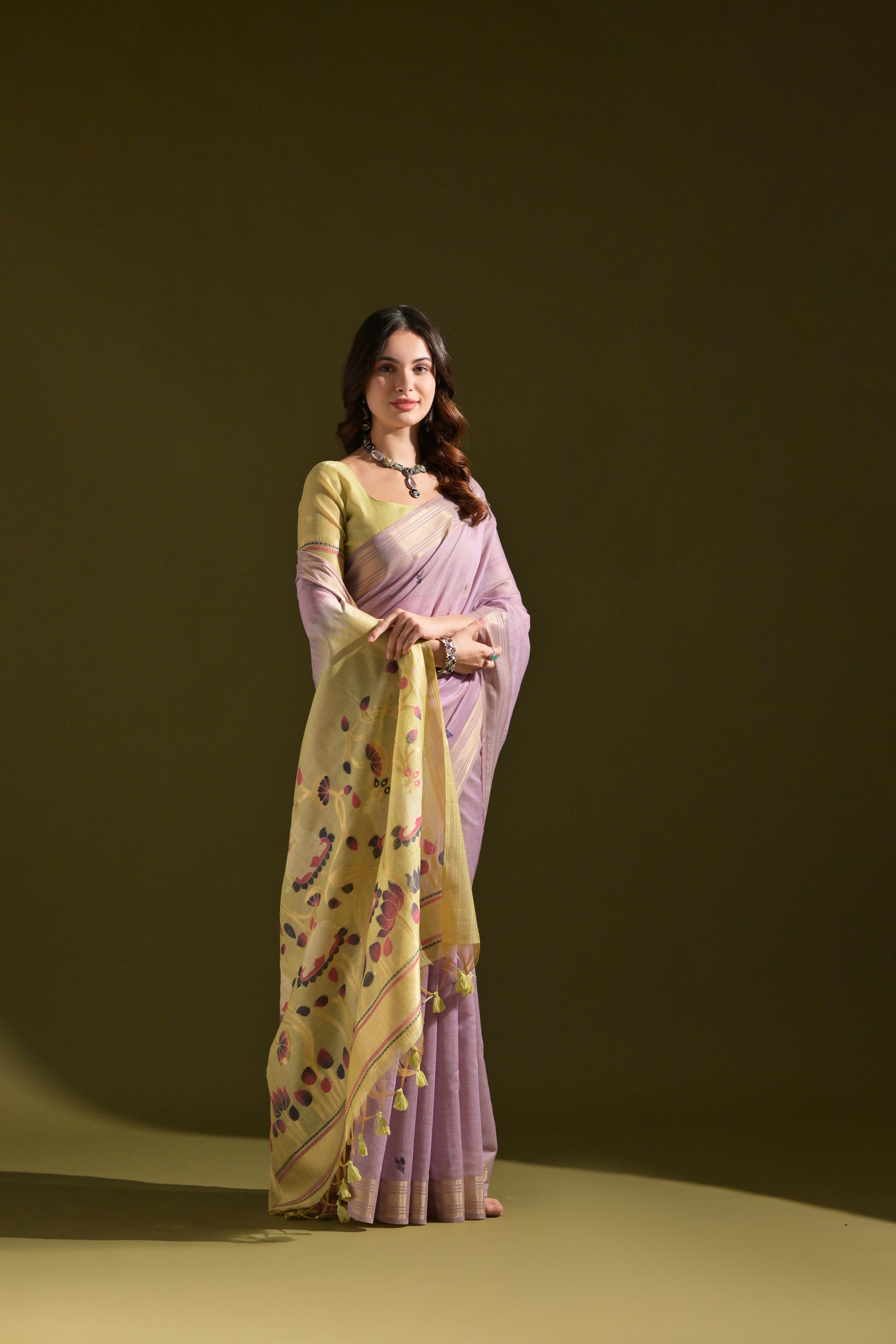 Jyoti Fashion Women's Purple Soft Muga Cotton Resham Zari Weaving Traditional Saree with Blouse | Grocsy