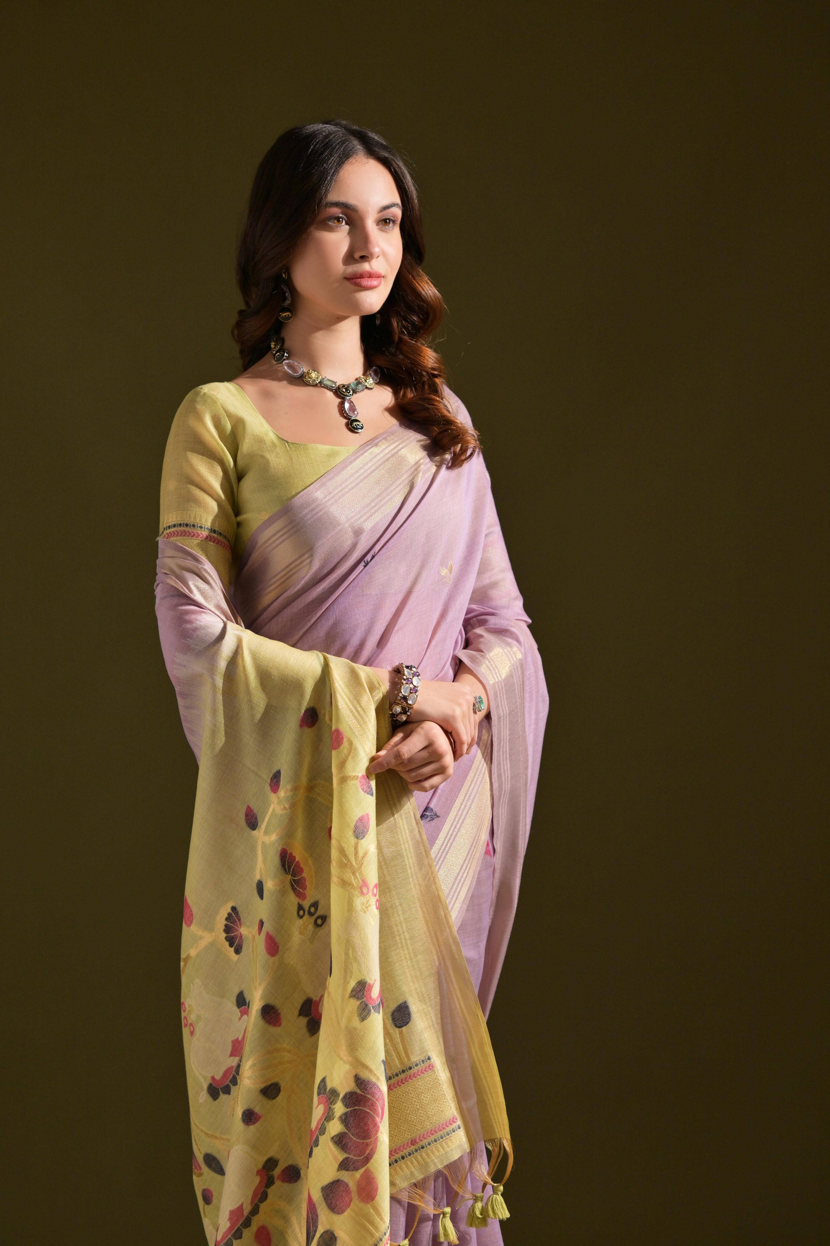 Jyoti Fashion Women's Purple Soft Muga Cotton Resham Zari Weaving Traditional Saree with Blouse | Grocsy