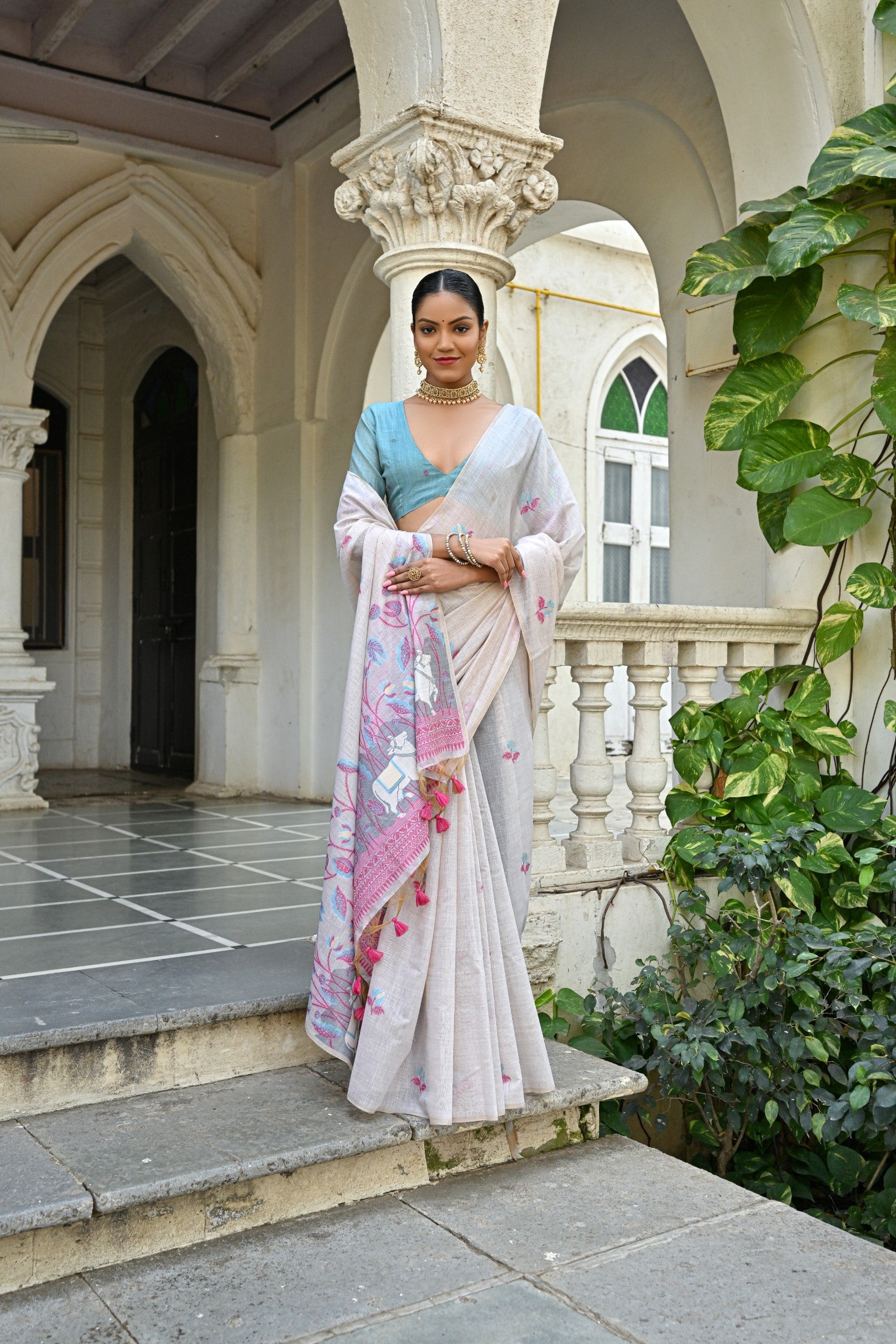 Jyoti Fashion Women's Pink Soft Muga Cotton Floral Weaving Traditional Saree with Blouse | Grocsy