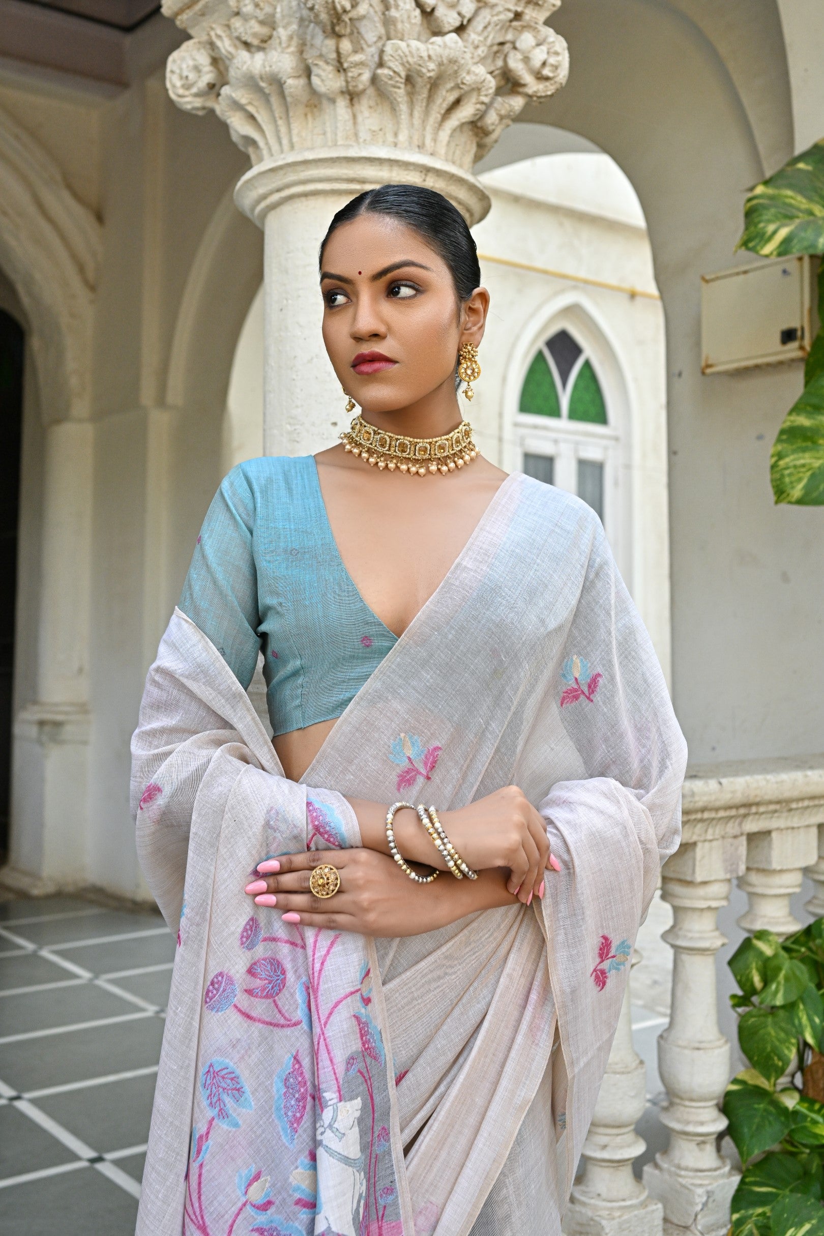 Jyoti Fashion Women's Pink Soft Muga Cotton Floral Weaving Traditional Saree with Blouse | Grocsy