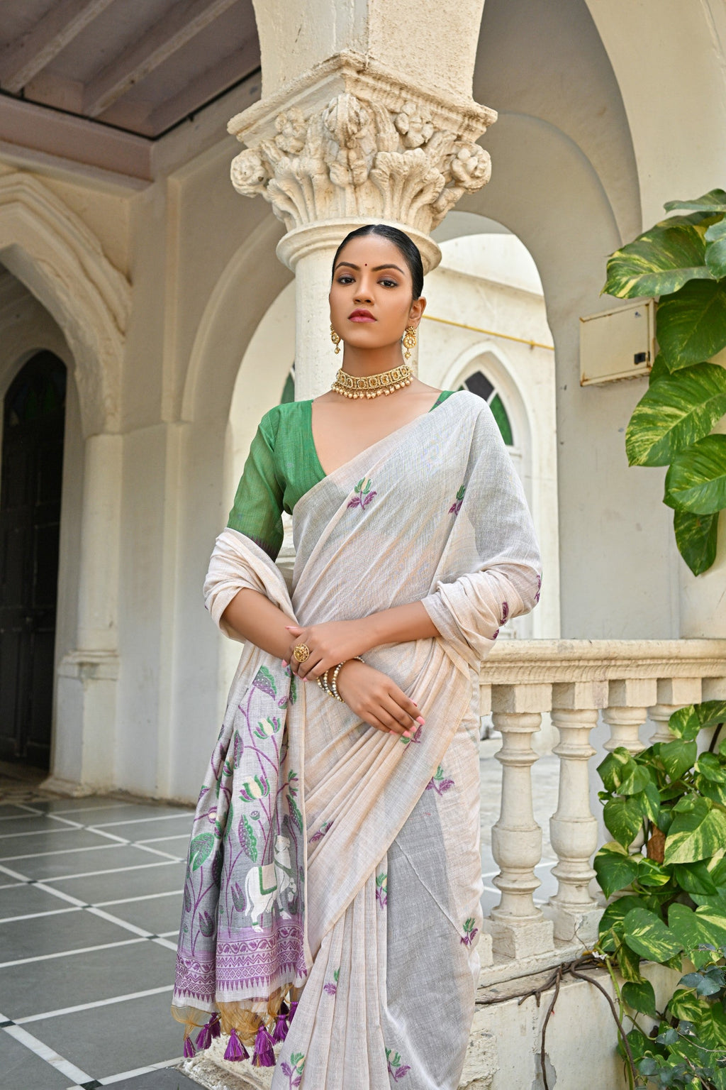 Jyoti Fashion Women's Wine Soft Muga Cotton Floral Weaving Traditional Saree with Blouse | Grocsy