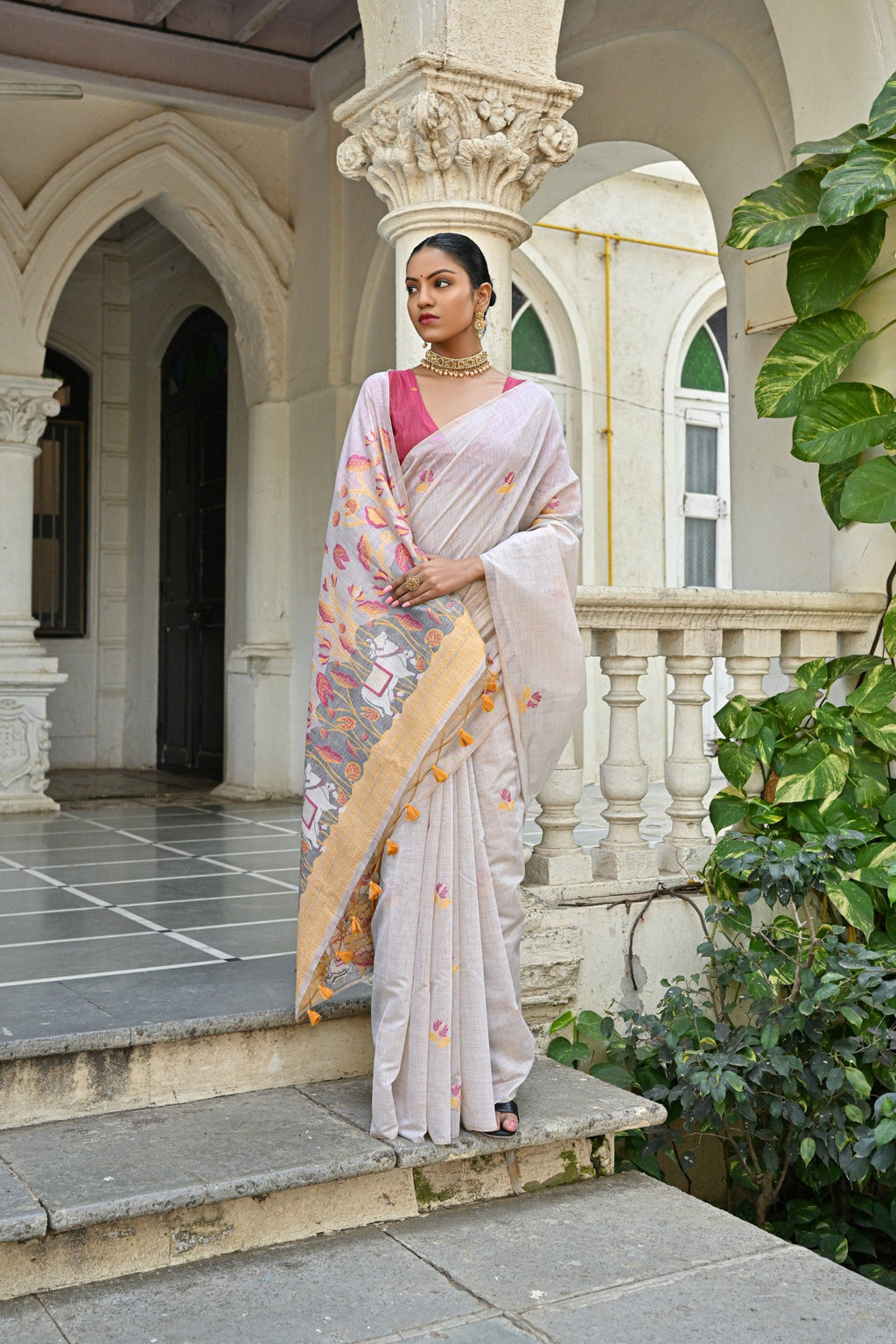 Jyoti Fashion Women's Yellow Soft Muga Cotton Floral Weaving Traditional Saree with Blouse | Grocsy
