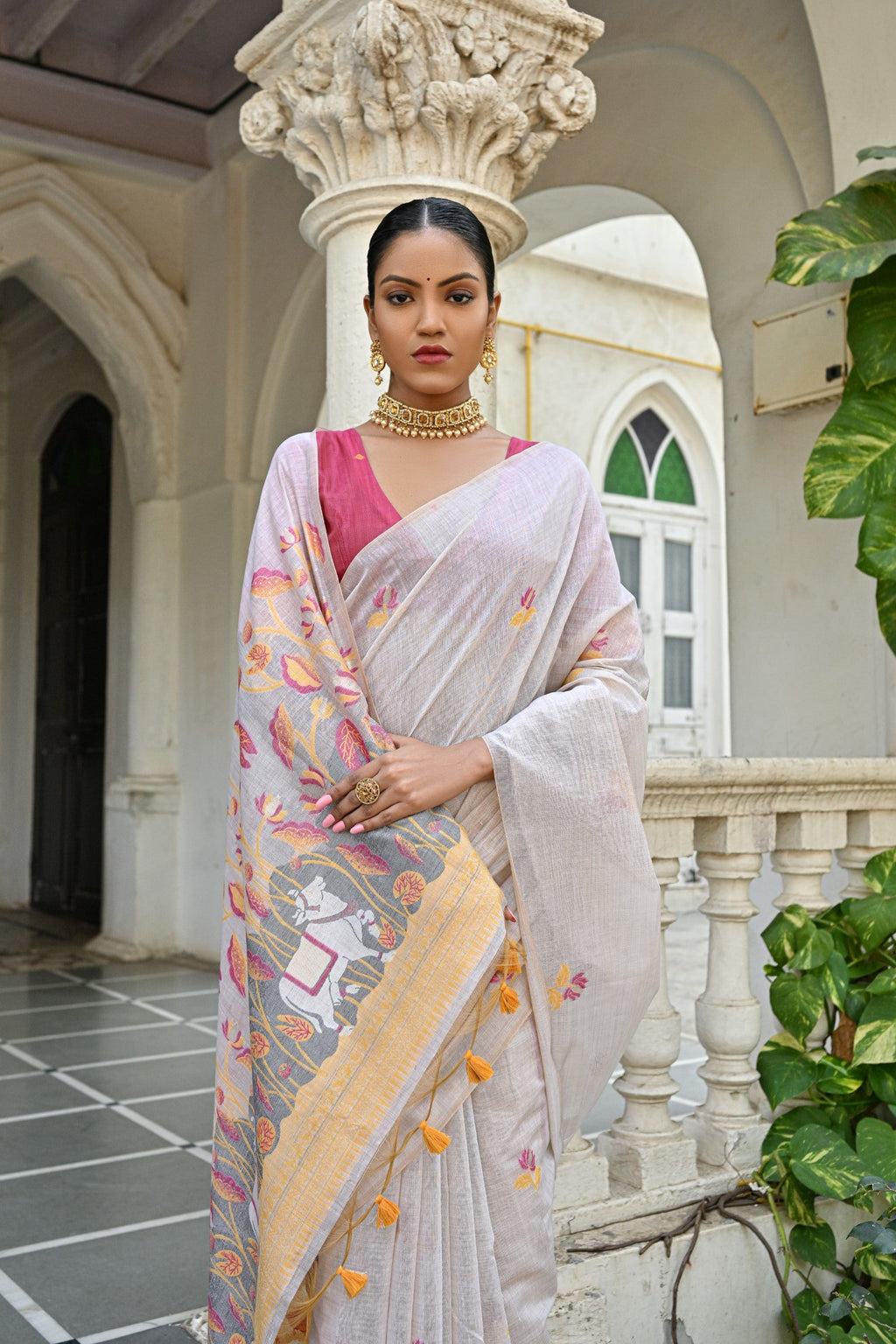 Jyoti Fashion Women's Yellow Soft Muga Cotton Floral Weaving Traditional Saree with Blouse | Grocsy