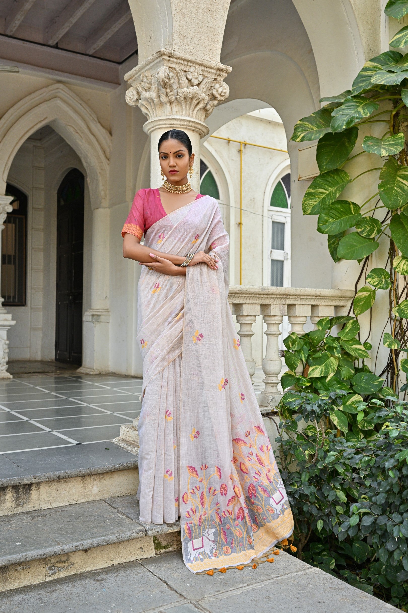 Jyoti Fashion Women's Yellow Soft Muga Cotton Floral Weaving Traditional Saree with Blouse | Grocsy
