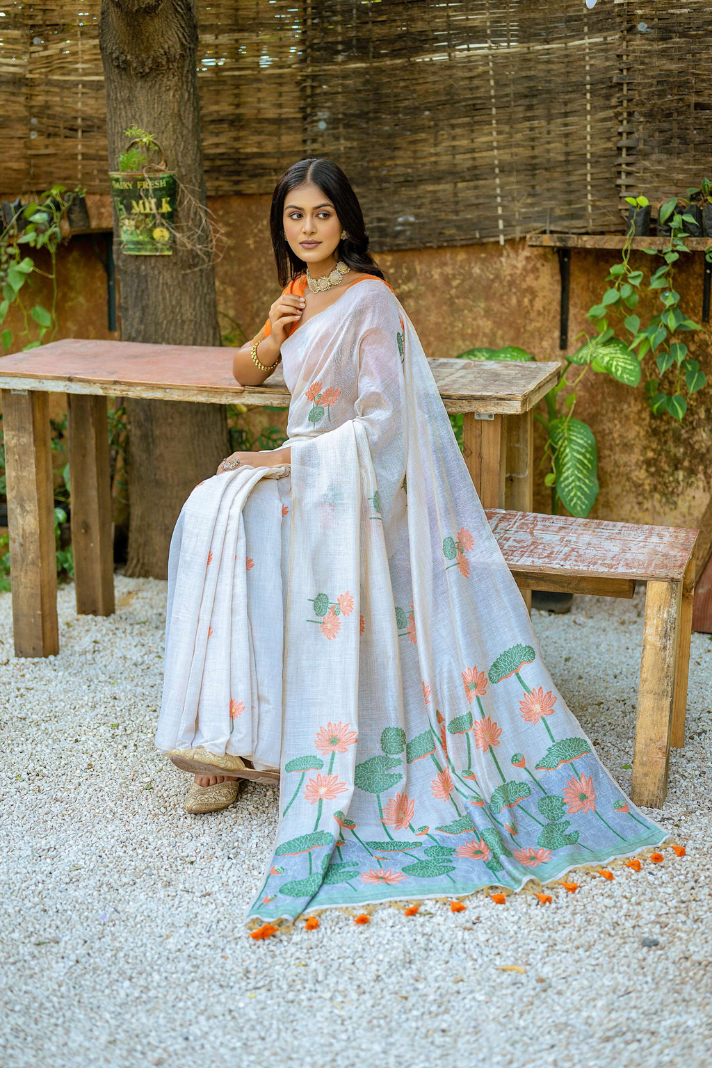 Jyoti Fashion Women's Orange Soft Muga Cotton Floral Weaving Traditional Saree with Blouse | Grocsy