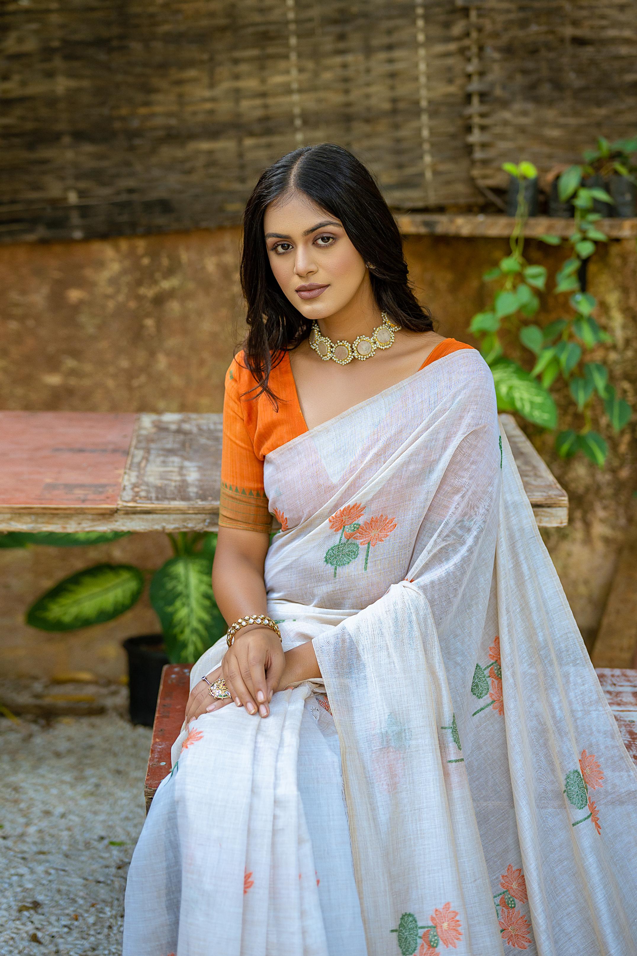 Jyoti Fashion Women's Orange Soft Muga Cotton Floral Weaving Traditional Saree with Blouse | Grocsy