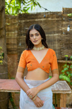 Jyoti Fashion Women's Orange Soft Muga Cotton Floral Weaving Traditional Saree with Blouse | Grocsy