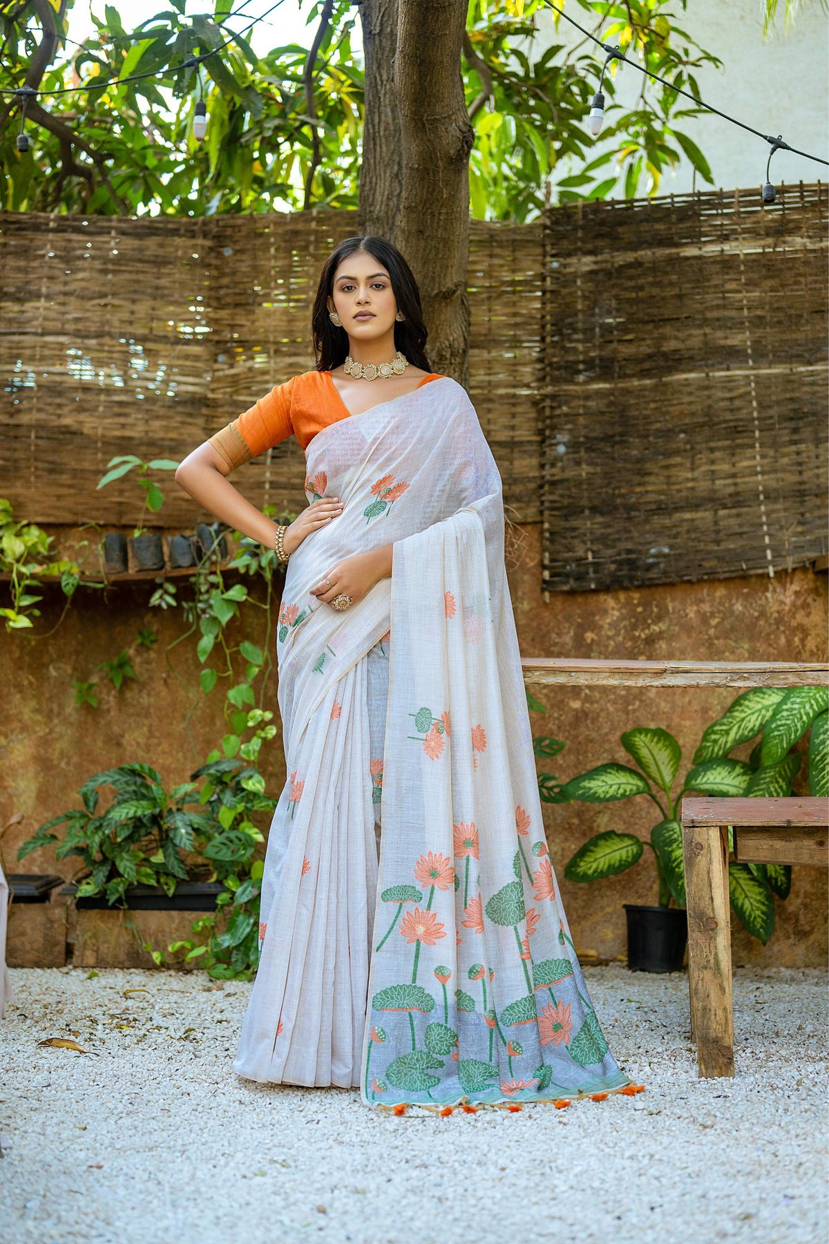 Jyoti Fashion Women's Orange Soft Muga Cotton Floral Weaving Traditional Saree with Blouse | Grocsy