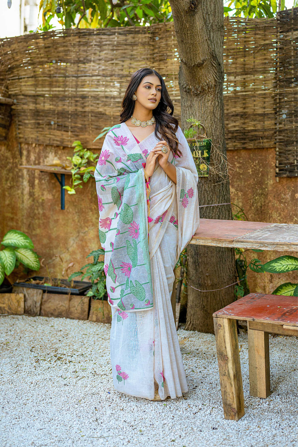 Jyoti Fashion Women's Pink Soft Muga Cotton Floral Weaving Traditional Saree with Blouse | Grocsy
