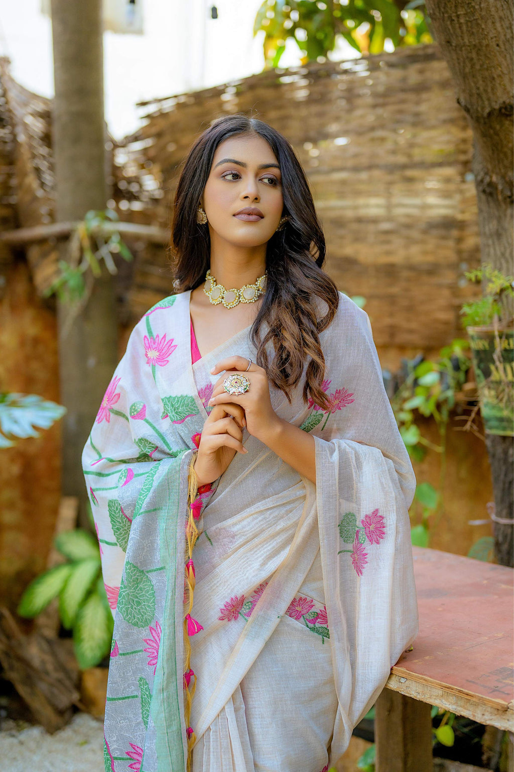 Jyoti Fashion Women's Pink Soft Muga Cotton Floral Weaving Traditional Saree with Blouse | Grocsy