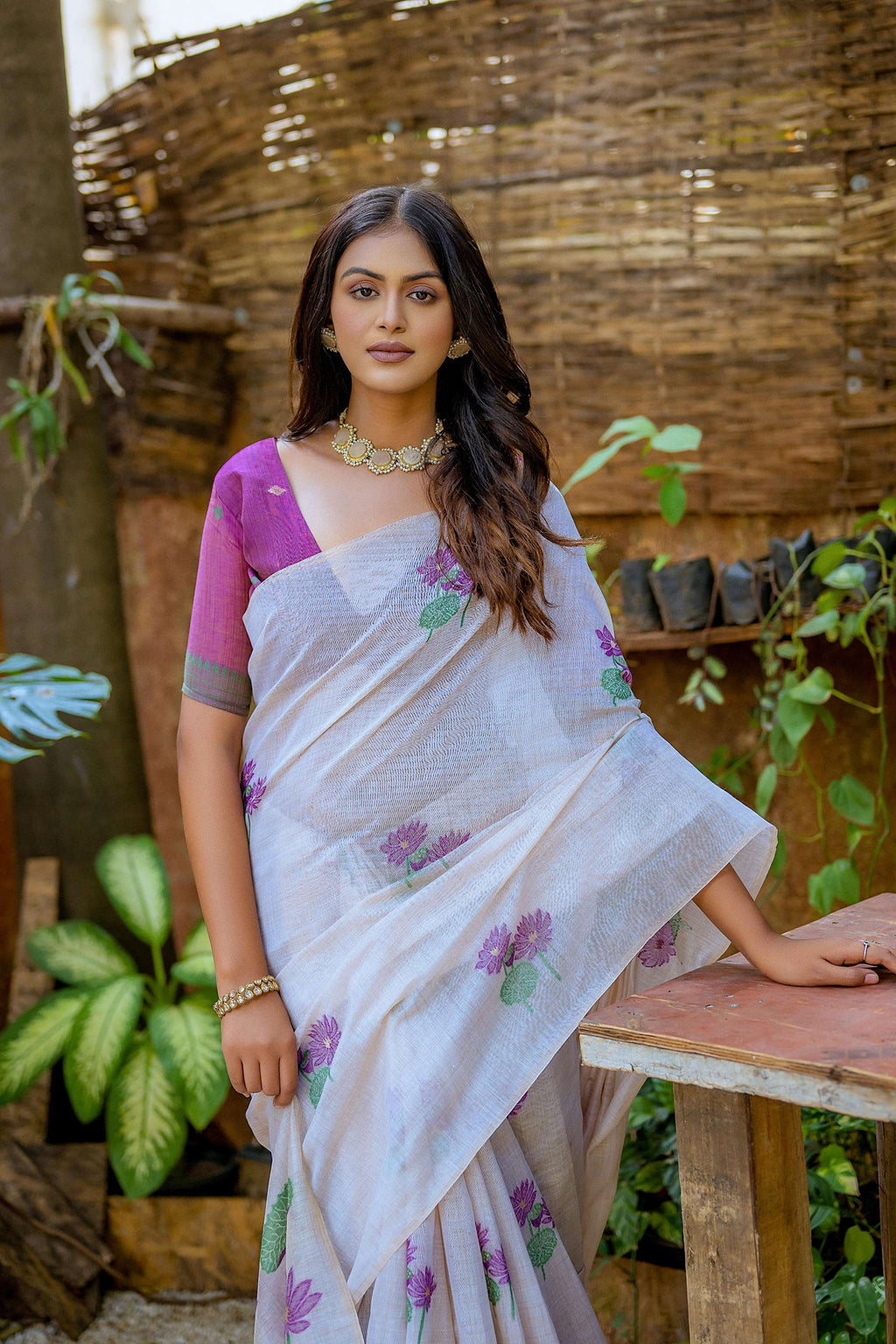 Jyoti Fashion Women's Wine Soft Muga Cotton Floral Weaving Traditional Saree with Blouse | Grocsy