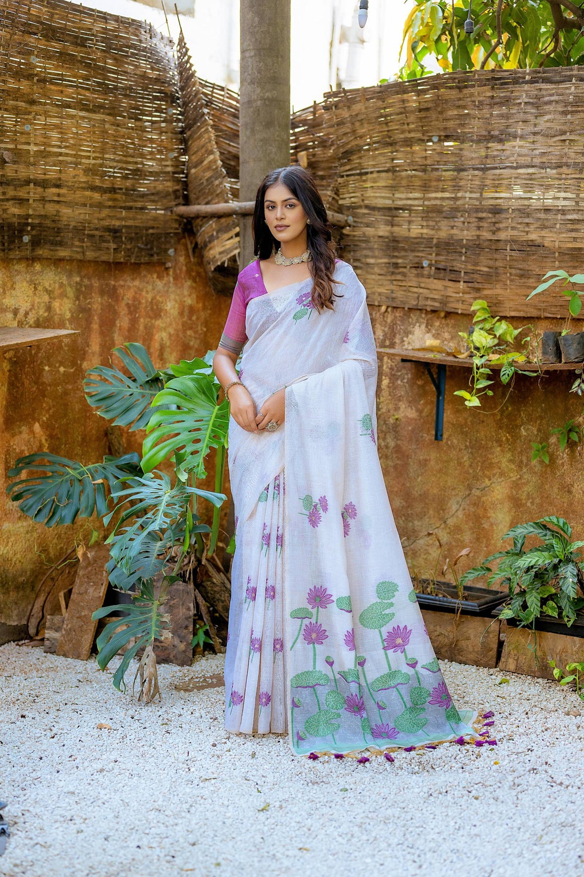 Jyoti Fashion Women's Wine Soft Muga Cotton Floral Weaving Traditional Saree with Blouse | Grocsy