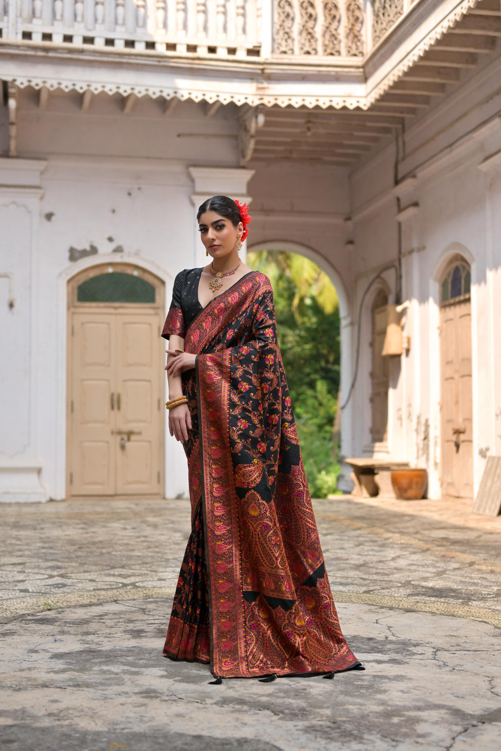 Jyoti Fashion Women's Black Soft Pashmina Silk Meena Zari Woven Saree with Blouse | Grocsy